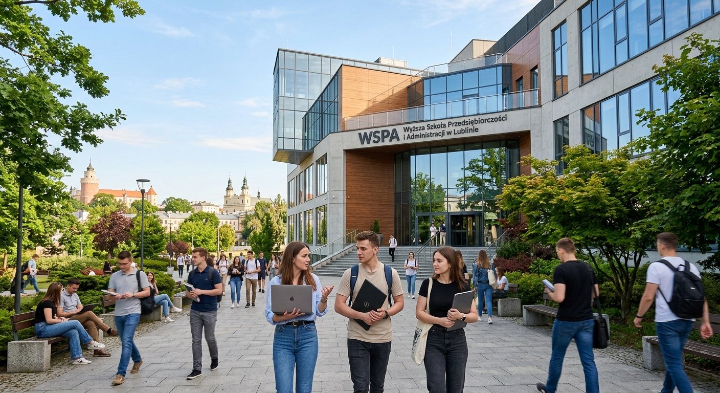 Modern university building of WSPA in Lublin Poland, students walking on campus with laptops, contemporary architecture, green trees, European city setting with clear sky