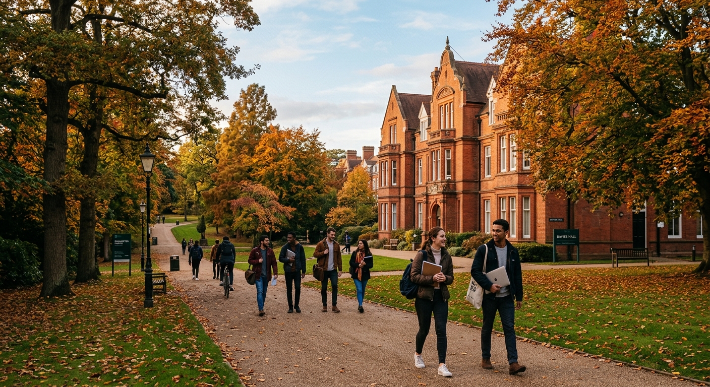 University of Roehampton campus with historic red-brick buildings surrounded by lush green parkland in southwest London, students walking along tree-lined pathways with notebooks and laptops, warm autumn light filtering through mature trees