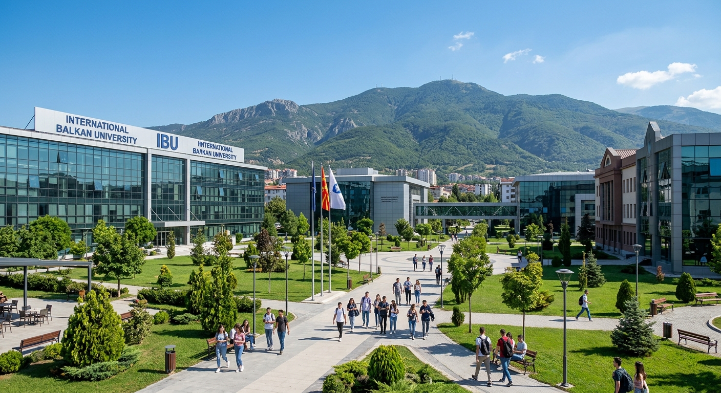 International Balkan University modern campus wide shot in Skopje North Macedonia, contemporary academic buildings with glass facades, green landscaping, students walking on pathways, Balkan mountain backdrop, clear blue sky
