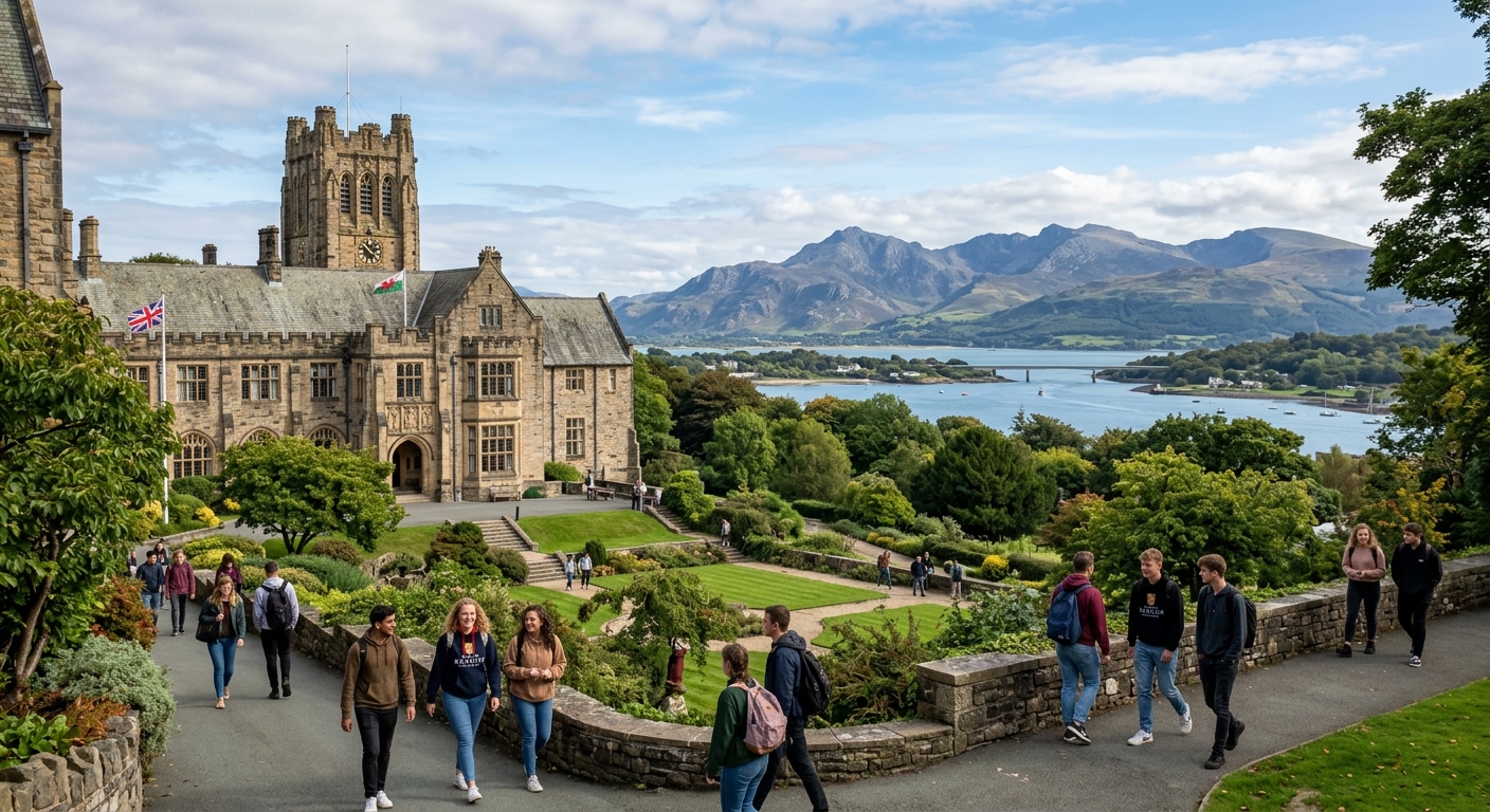 Bangor University campus with historic stone buildings set against the backdrop of Snowdonia mountains and the Menai Strait, students walking through green courtyards in North Wales