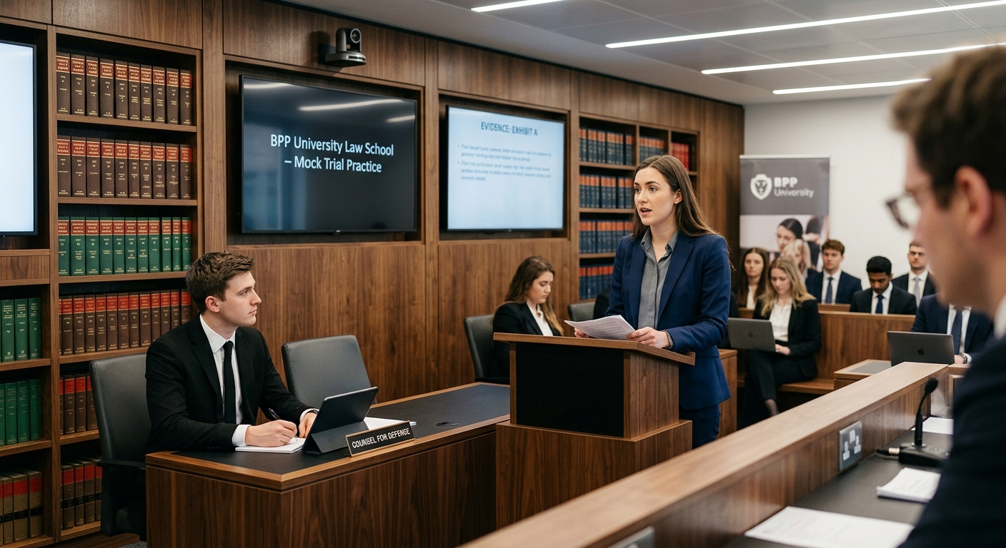 Modern BPP University Law School campus interior with mock courtroom, law students practicing advocacy in professional setting, wood-panelled courtroom environment with legal books and digital screens