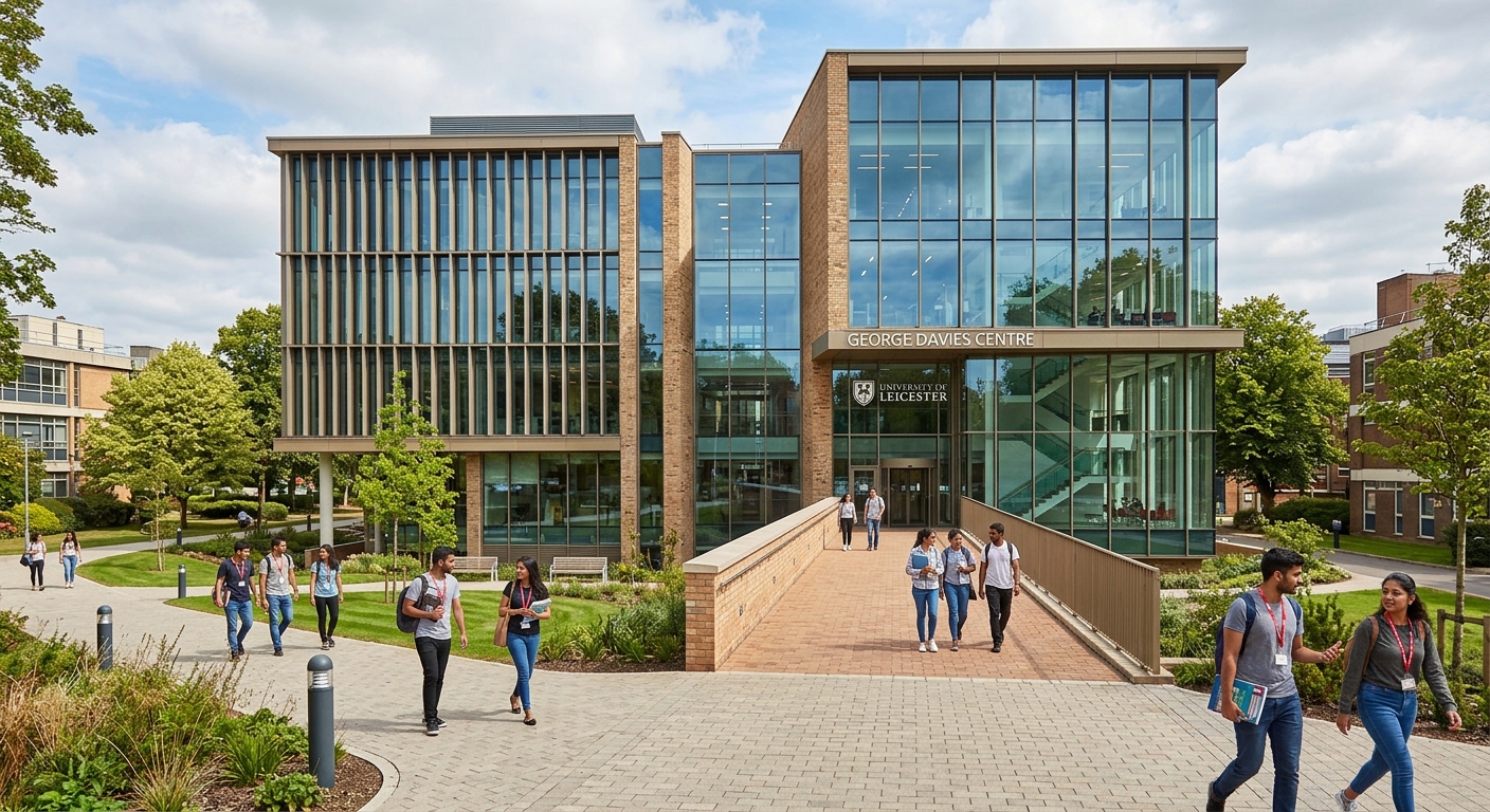 George Davies Centre at University of Leicester, contemporary medical education building with glass facade, landscaped surroundings, students on walkway