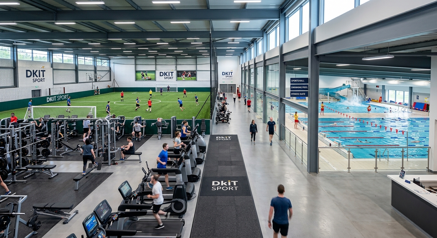 DkIT Sport indoor facility, modern gym with fitness equipment, indoor football pitches, swimming pool area, bright lighting