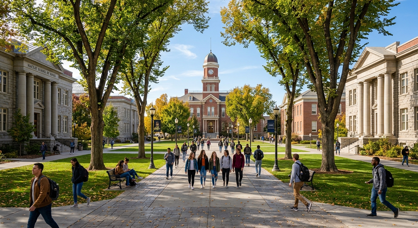 Historic Quad at University of Nevada Reno with tree-lined walkways, Morrill Hall in the background, students walking between classical stone buildings on a sunny day
