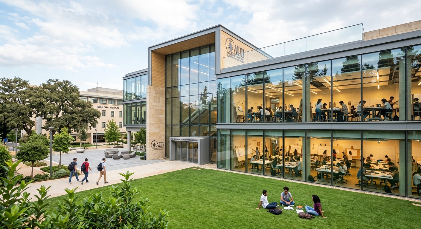 Modern AUB campus building with large glass windows and contemporary architecture, students working in bright studio spaces visible through windows, green lawn in foreground
