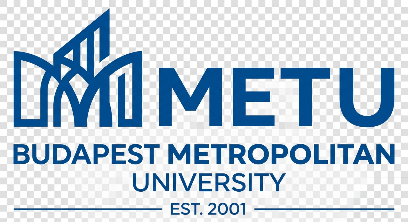 Budapest Metropolitan University METU official logo, stylized text mark with metropolitan branding, blue and white color scheme on transparent background
