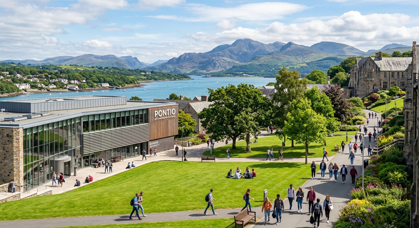 Bangor University campus with the Pontio arts and innovation centre in the foreground, dramatic Snowdonia mountains and Menai Strait visible in the background, students walking across green lawns on a bright day