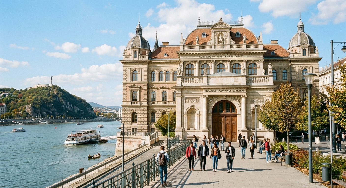 Corvinus University of Budapest historic neo-renaissance main building on the banks of the Danube river, with students walking near the entrance, sunny day in Budapest, Hungary