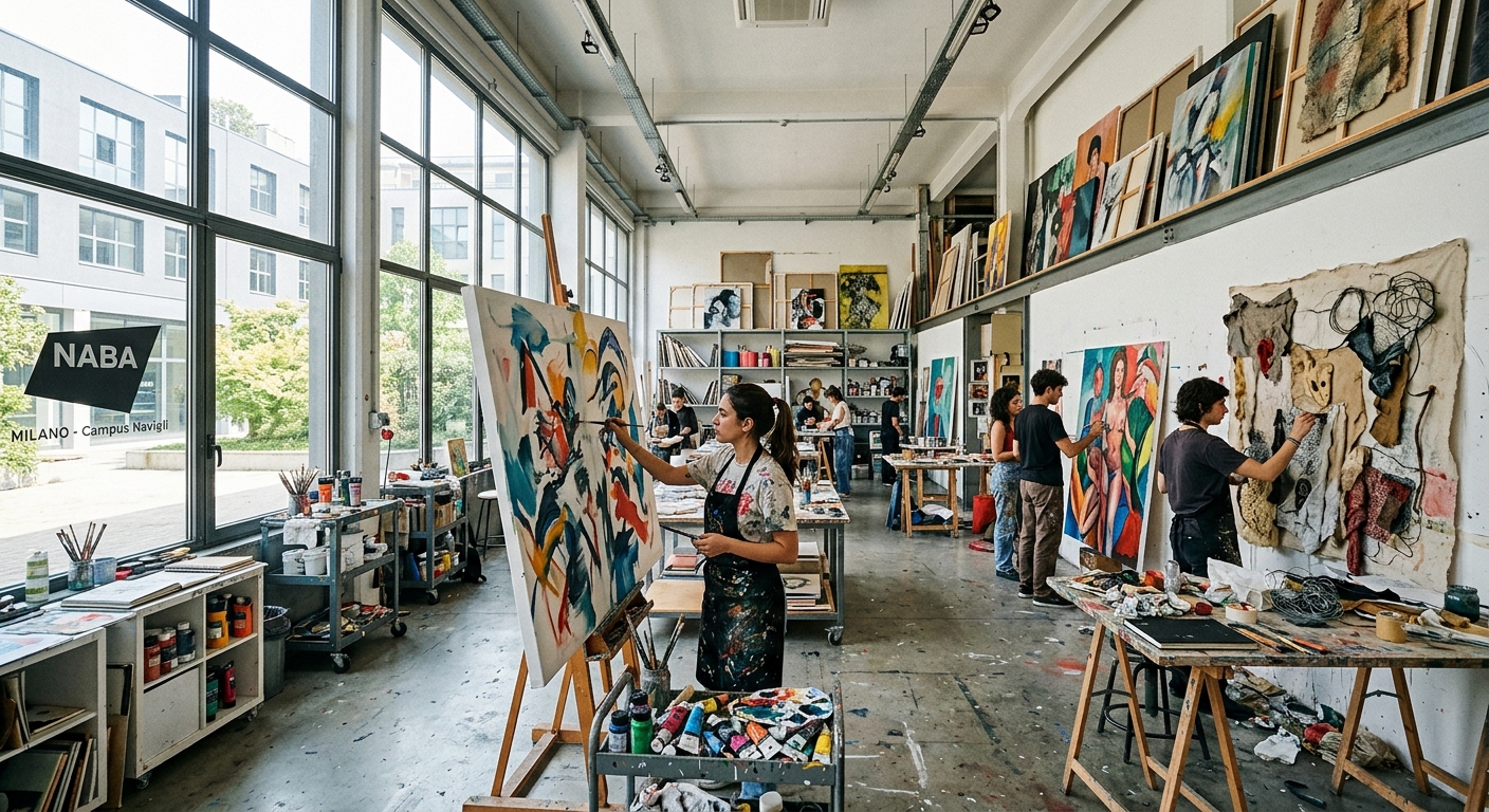 Bright contemporary art studio at NABA Milan campus with students working on large-scale paintings and mixed-media installations, natural light streaming through industrial windows, canvases and art supplies visible throughout the space