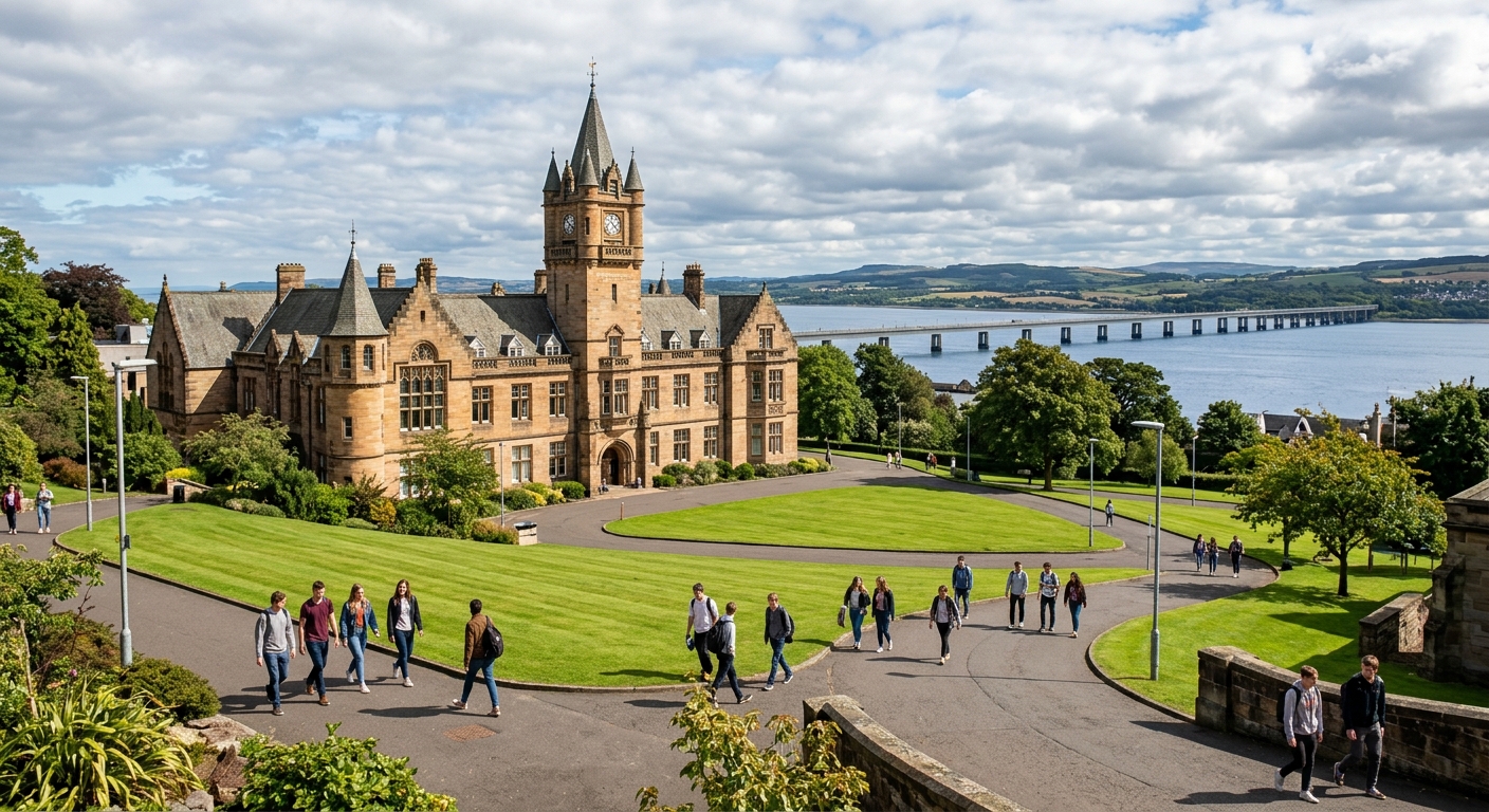 Historic sandstone university building at the University of Dundee campus with green lawns, students walking along pathways, the River Tay visible in the background under a partly cloudy Scottish sky