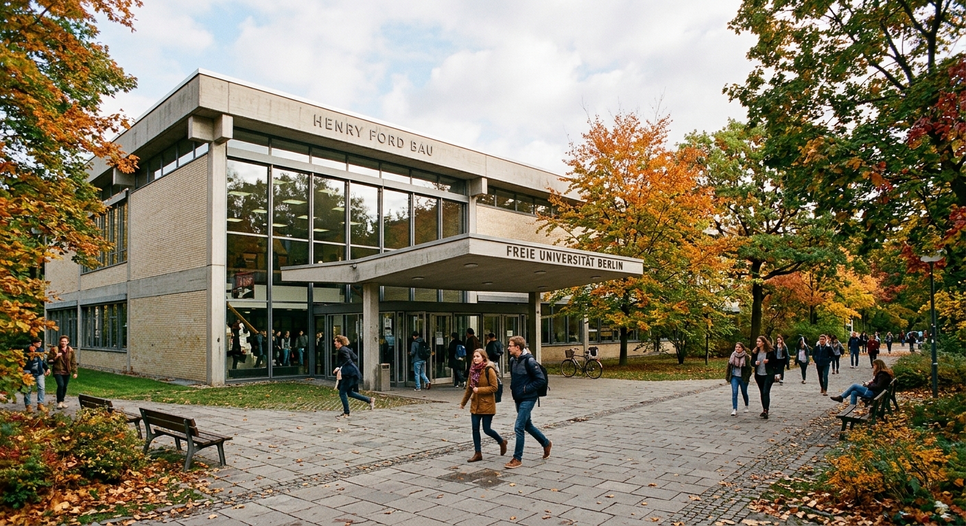 Henry Ford Building at Freie Universität Berlin, mid-century modern architecture, large lecture hall entrance, students walking on pathways, autumn trees