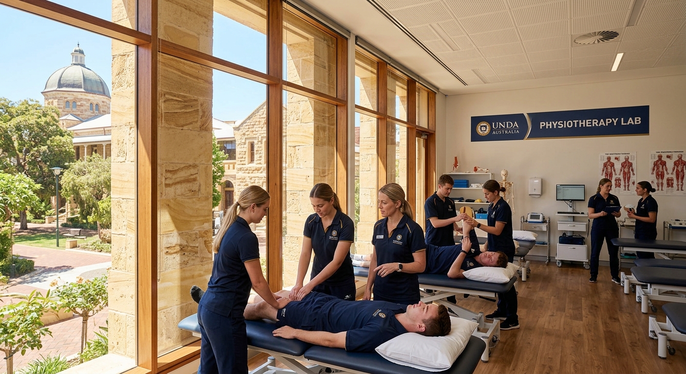 University of Notre Dame Australia Fremantle campus with heritage sandstone buildings, physiotherapy students practicing clinical skills in a modern laboratory, bright Australian sunlight filtering through large windows