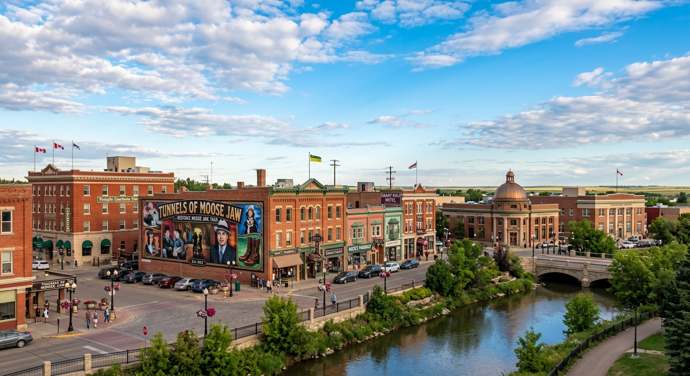 Moose Jaw Saskatchewan cityscape, historic downtown with heritage buildings, wide prairie sky, Moose Jaw River, Canadian small city charm with colorful murals and tunnels of Moose Jaw landmark