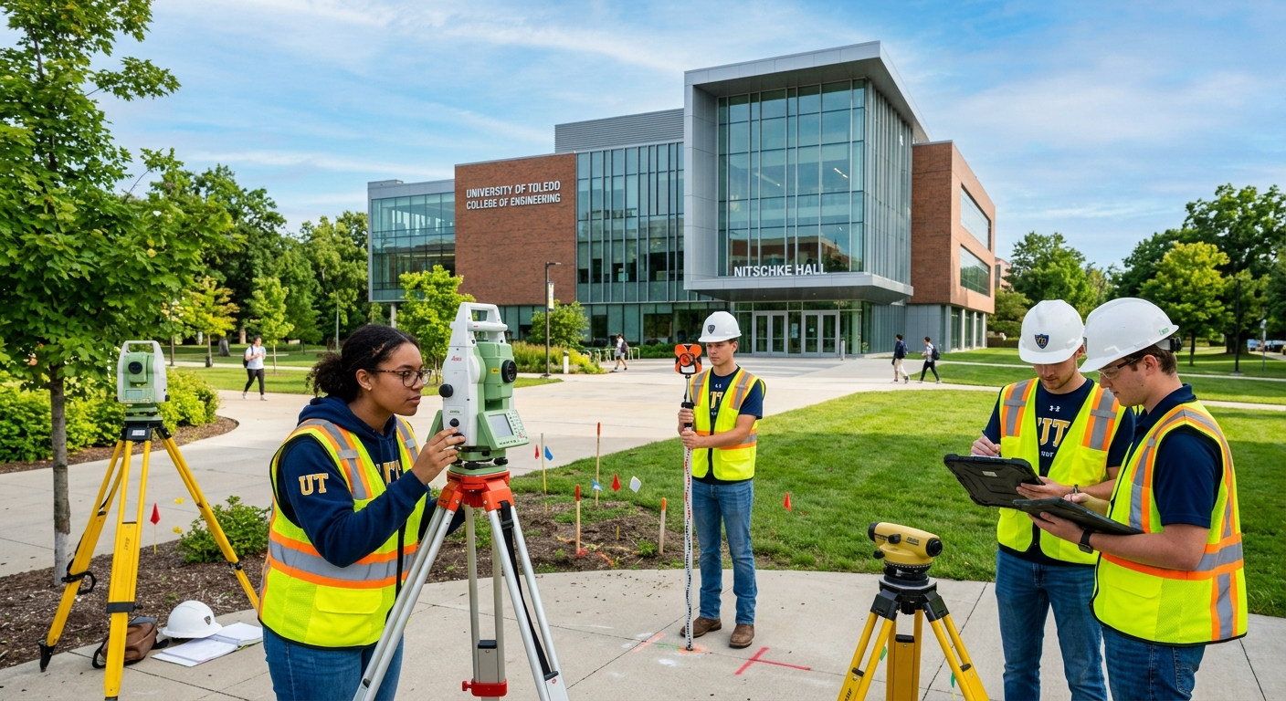University of Toledo College of Engineering campus building with modern architecture, construction engineering students working on a project outdoors, surveying equipment visible, sunny day in Toledo Ohio with green campus grounds