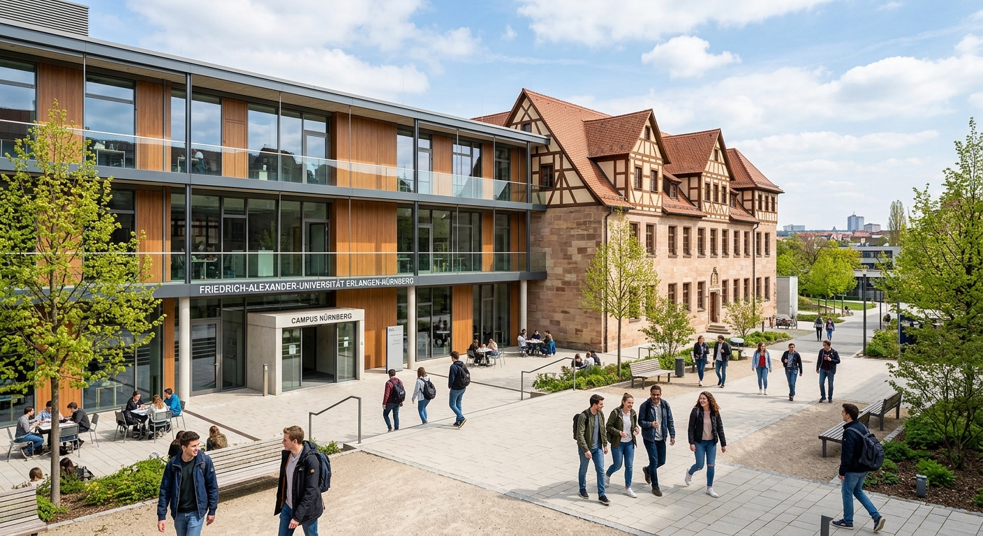 Modern campus building at Friedrich-Alexander-Universität Erlangen-Nürnberg in Nuremberg, Germany, with students walking through a sunlit courtyard, historic Franconian architecture blending with contemporary university facilities