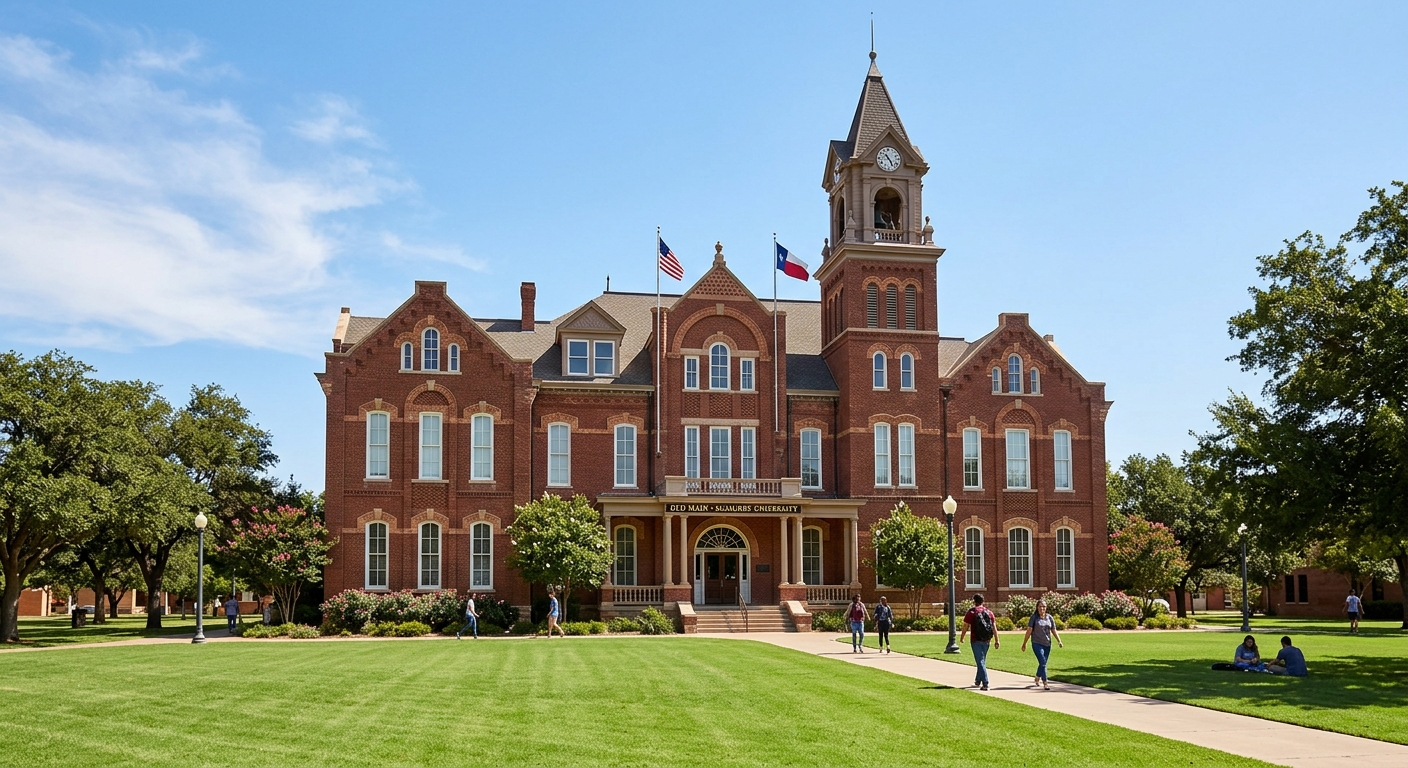 McMurry University Old Main building, historic red brick architecture, tall windows, green campus lawn in foreground, clear Texas sky