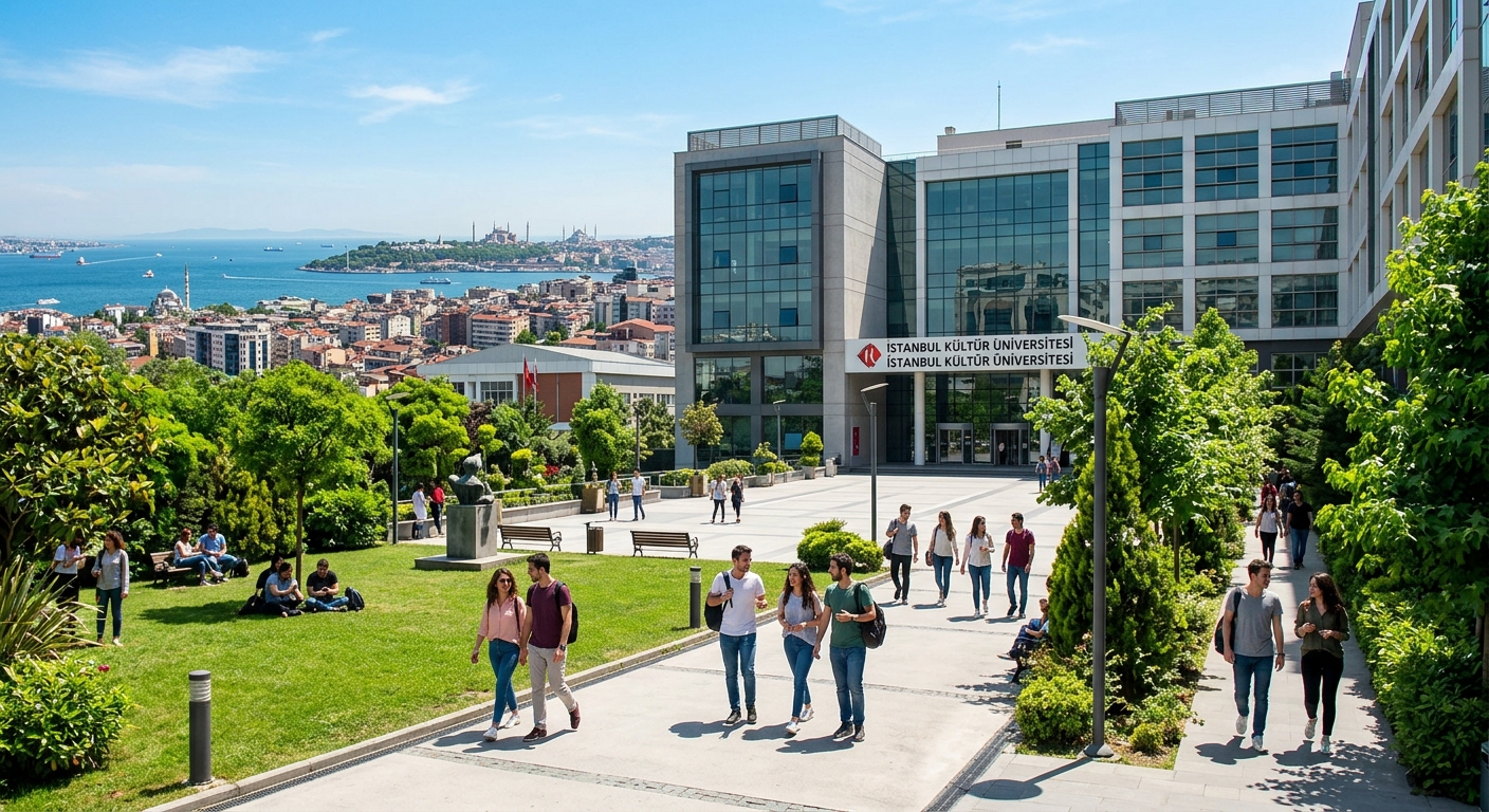 Istanbul Kültür University campus building with modern architecture, students walking through green courtyard, Istanbul cityscape in background with Marmara Sea visible, bright sunny day