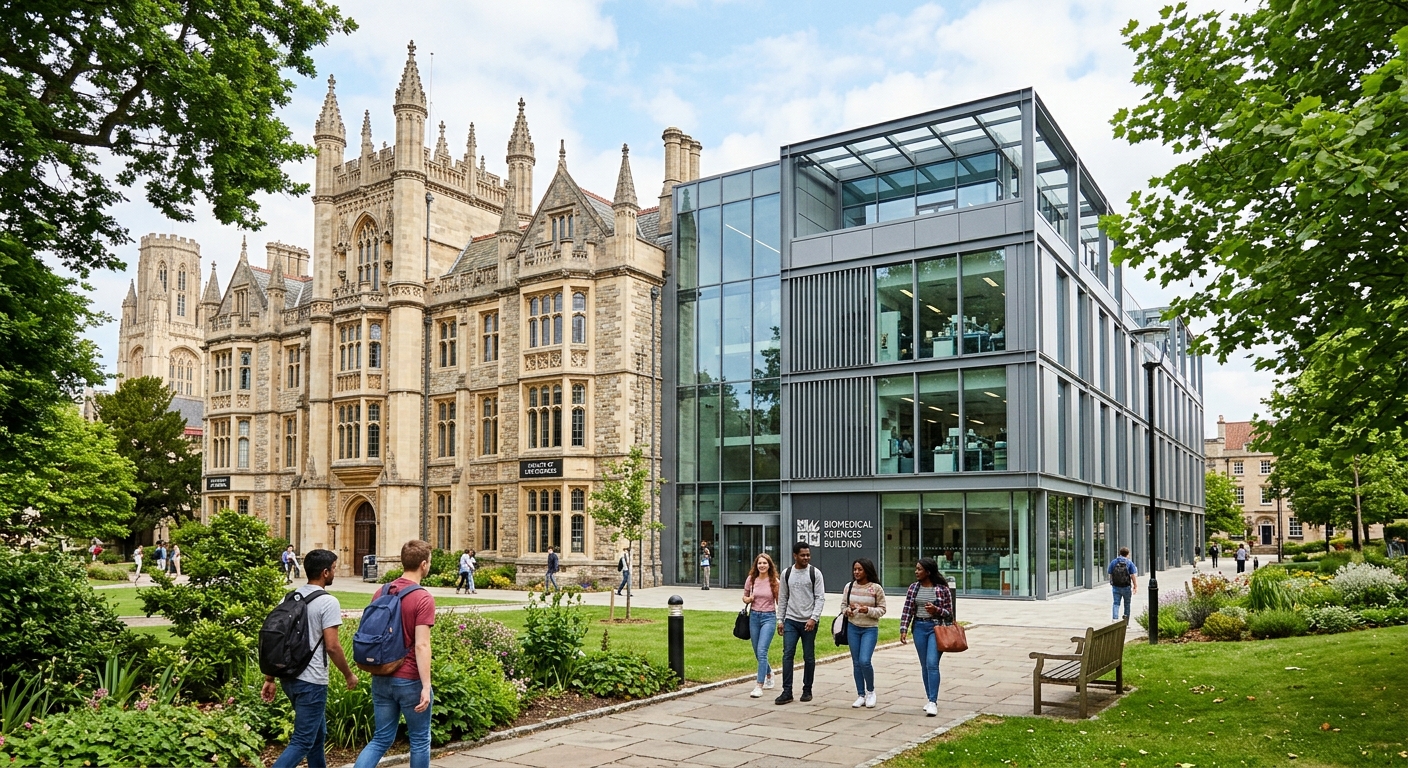 University of Bristol Biomedical Sciences Building exterior with Gothic architecture and modern laboratory wing, students walking on campus pathways surrounded by green trees in Bristol, United Kingdom