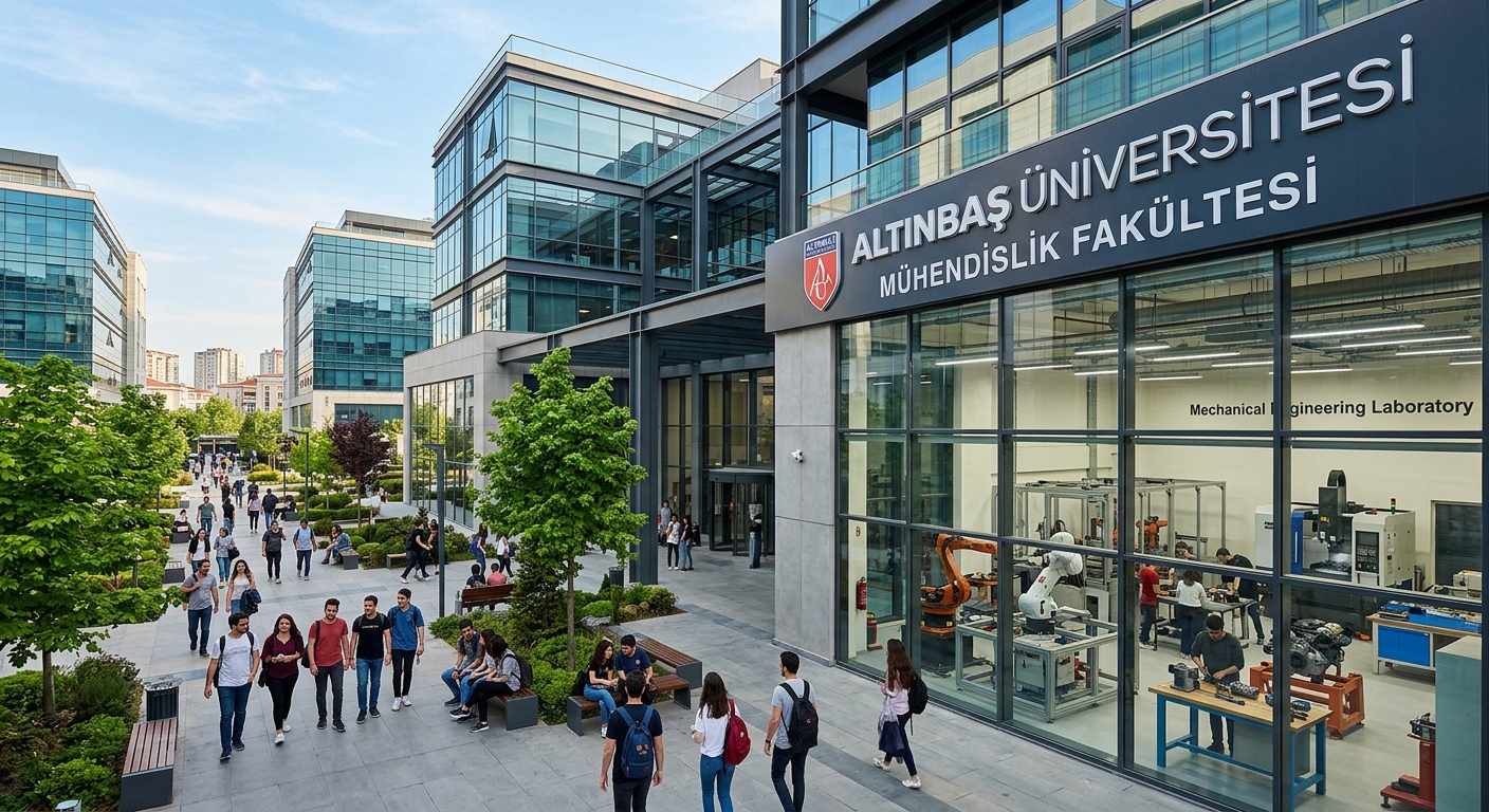 Modern engineering campus at Altinbas University in Istanbul, Turkey, featuring contemporary glass and steel buildings, students walking through a technology-focused campus courtyard with green spaces, mechanical engineering laboratory equipment visible through large windows
