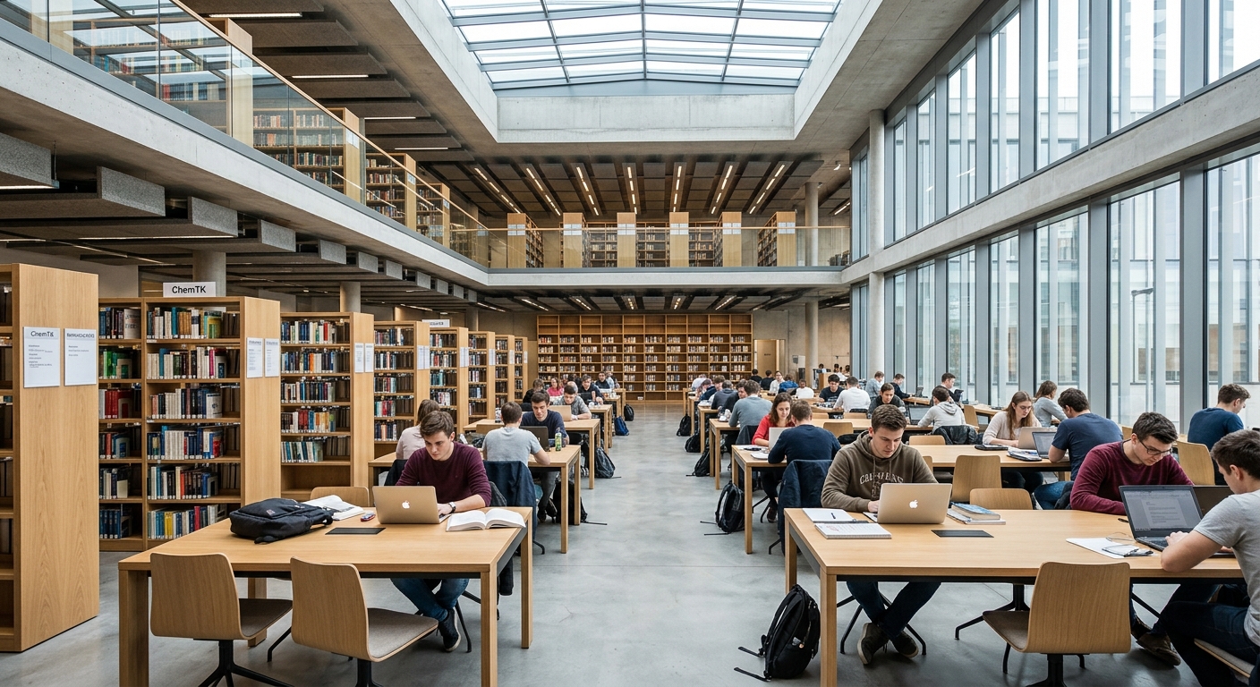 ChemTK library interior inside the National Library of Technology Prague, modern open-plan reading space with bookshelves, students studying at desks, contemporary Scandinavian-style architecture with natural light