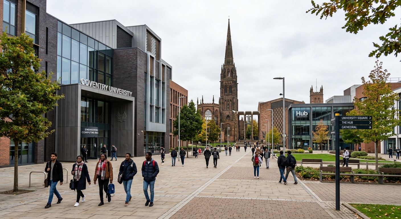 Modern Coventry University campus with the iconic Engineering and Computing Building, students walking across the urban campus square, historic Coventry Cathedral spire visible in the background, bright overcast sky typical of England