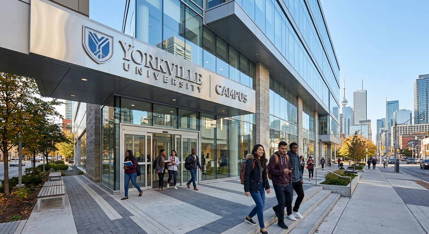 Modern Yorkville University campus building in Canada with students walking through a contemporary glass-fronted entrance, urban cityscape in the background, clear sky, professional academic environment