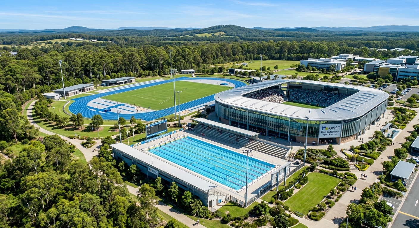 UniSC High Performance Sport Precinct featuring modern sports arena, Olympic-standard 50 metre swimming pool, athletics track with green surroundings