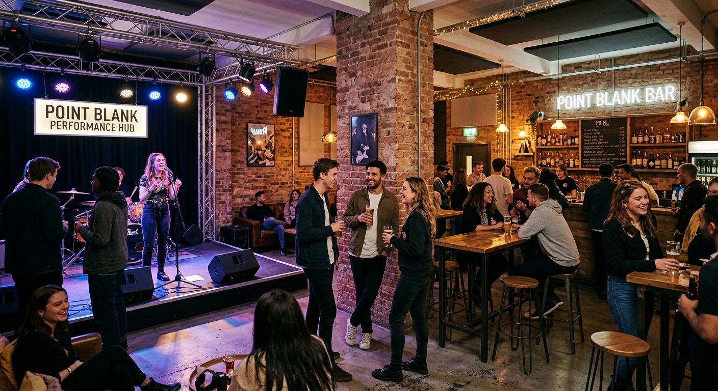 Point Blank Music School performance hub and bar area, small stage with lighting rig, students socializing in a modern creative space, exposed brick walls