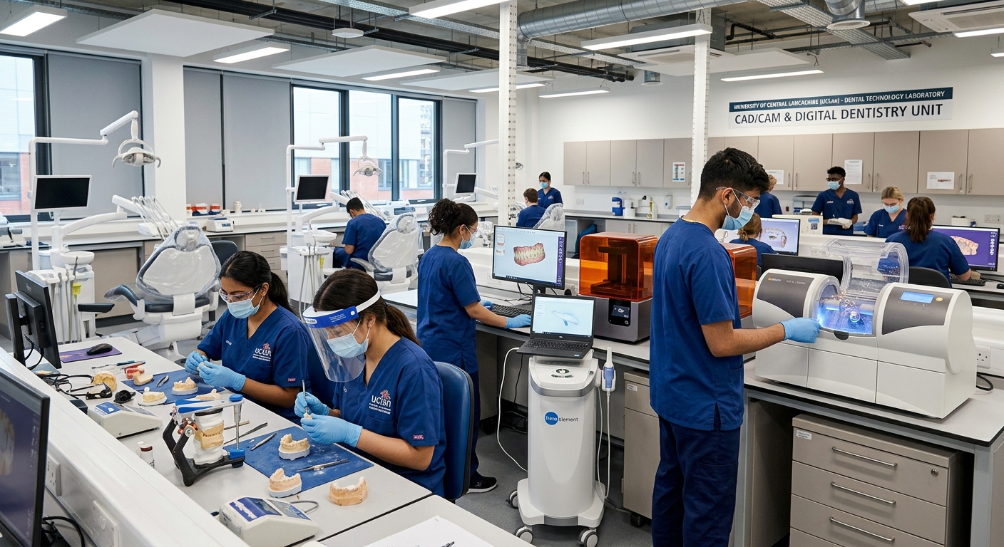 Modern dental laboratory at University of Lancashire with students in clinical attire working on dental prosthetics, CAD/CAM milling equipment, 3D printers, and intraoral scanning devices visible, bright clinical lighting and state-of-the-art dental chairs in background