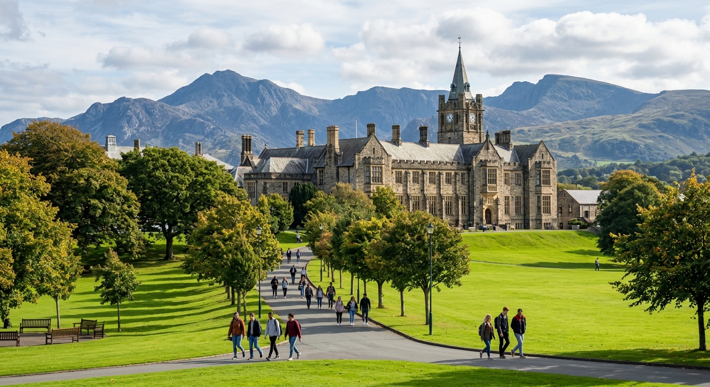 Historic stone university building at Bangor University with mountains of Snowdonia in the background, green campus grounds, students walking along tree-lined paths in North Wales