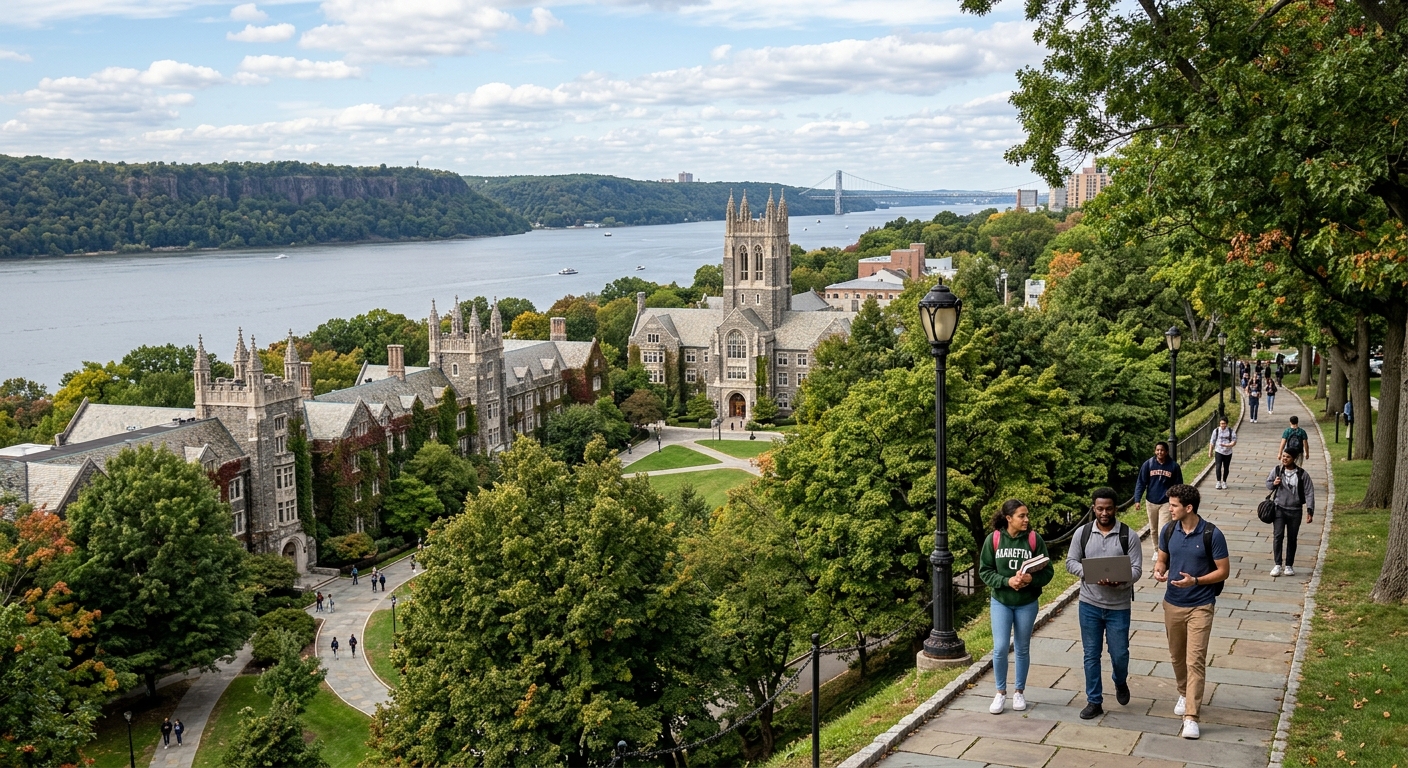 Manhattan University campus in Riverdale, Bronx, New York, with Gothic-style academic buildings surrounded by green trees, the Hudson River visible in the background, engineering students walking along tree-lined pathways