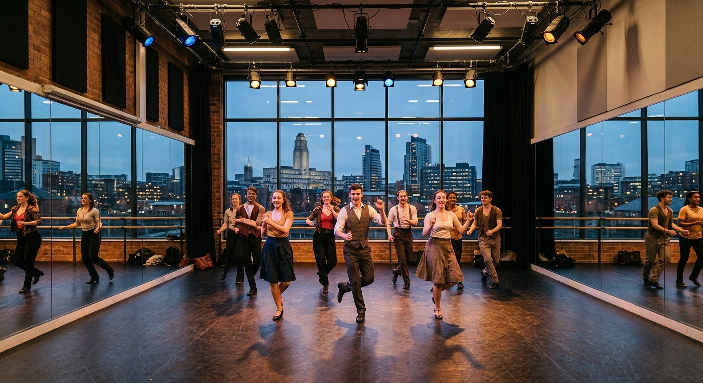 Modern conservatoire dance studio with mirrored walls, students rehearsing a musical theatre number under stage lighting, Leeds city skyline visible through large windows