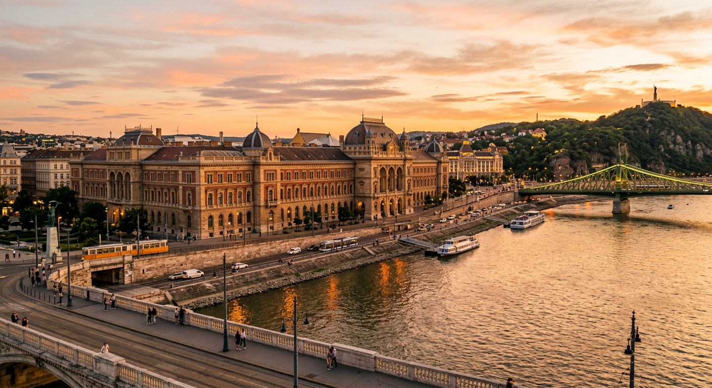 Corvinus University of Budapest main building wide shot, neo-renaissance Fővám Palace on the Danube riverbank, Liberty Bridge visible in background, warm golden hour light reflecting on water, European cityscape