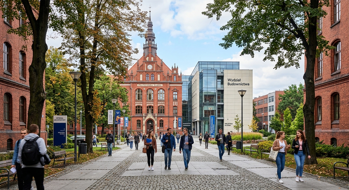 Main campus of Silesian University of Technology in Gliwice, historic red-brick academic buildings with modern annexes, tree-lined walkways, students walking between lectures