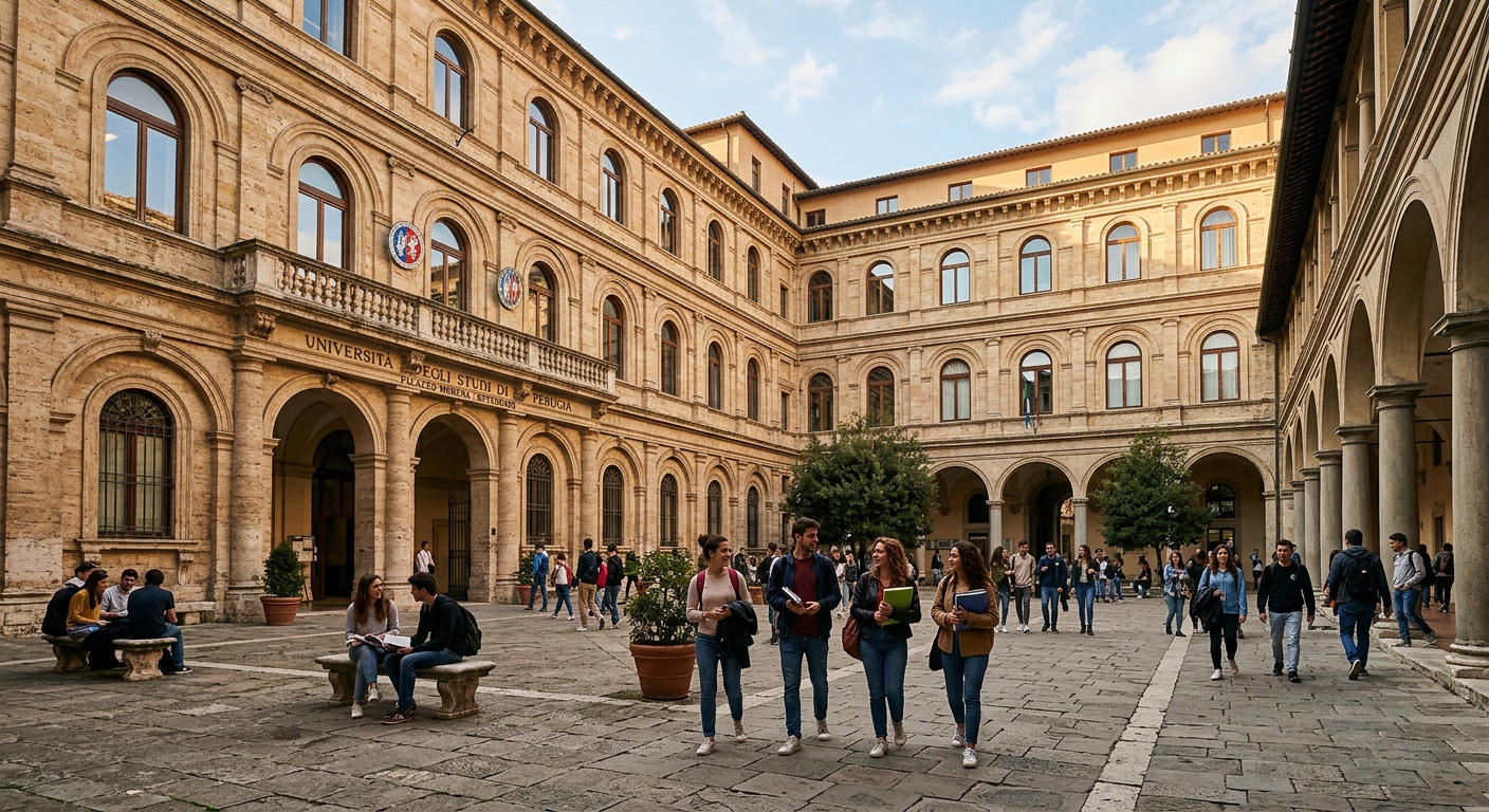 Historic Palazzo Murena main building of the University of Perugia, classical Italian architecture with arched windows and stone facade, students walking in the courtyard