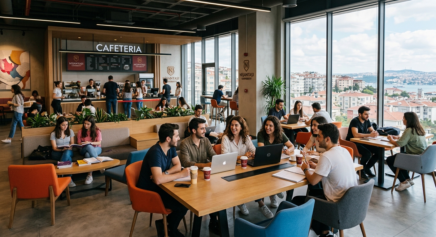 Nisantasi University campus student lounge and cafeteria area, modern furniture, large windows with Istanbul city view, students socializing and studying together