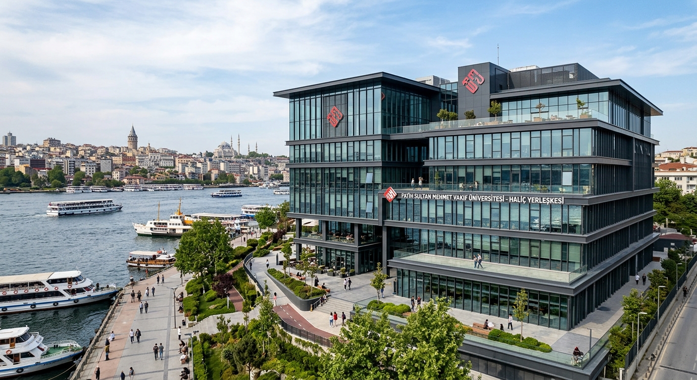 FSMVU Halic Campus in Sutluce Beyoglu, modern academic building overlooking the Golden Horn waterway, contemporary glass and steel architecture, waterfront setting