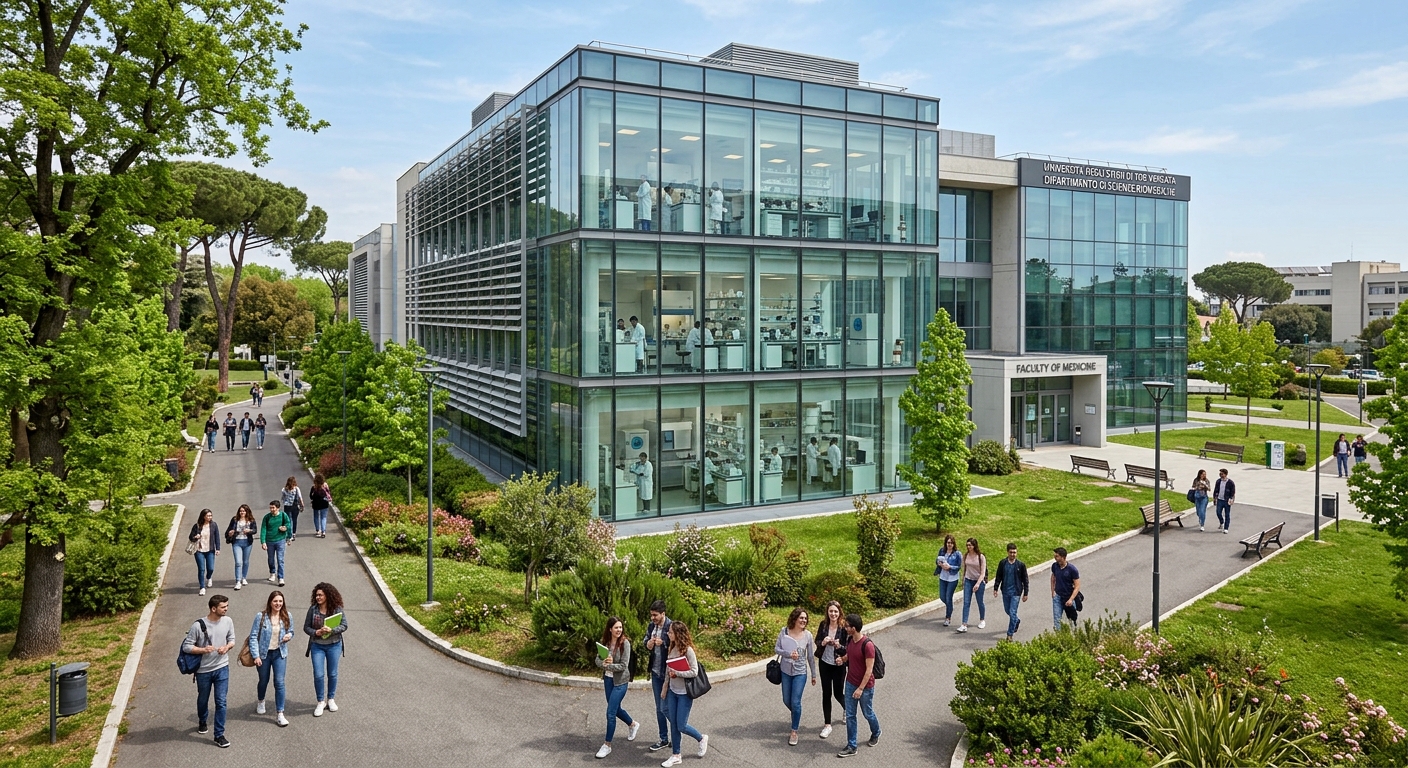 Modern university campus building at the University of Rome Tor Vergata, green landscaped grounds, biomedical research laboratories visible through glass facades, students walking along tree-lined pathways in Rome, Italy