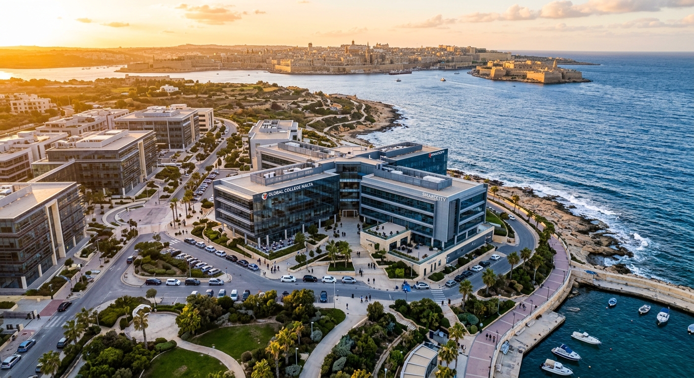 Aerial view of Global College Malta campus at SmartCity Malta in Kalkara, modern glass and steel buildings surrounded by Mediterranean landscape, blue sea visible in the background, warm golden hour sunlight
