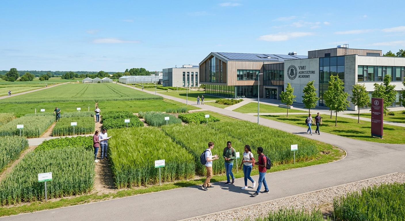 Vytautas Magnus University Agriculture Academy campus in Kaunas Lithuania, green agricultural research fields, modern university buildings, students walking among experimental crop plots under clear Baltic sky