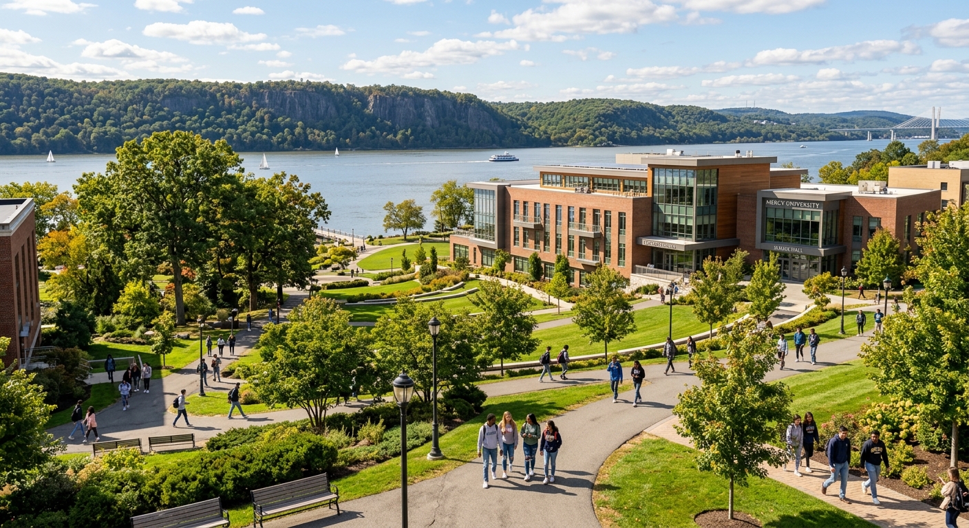 Mercy University campus in Dobbs Ferry, New York, with modern academic buildings surrounded by greenery along the Hudson River, students walking on tree-lined pathways, bright sunny day