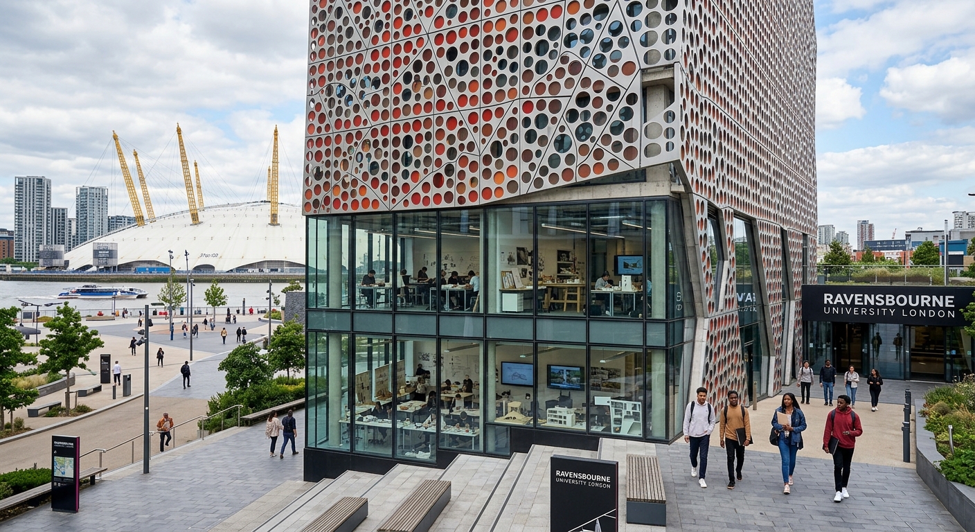 Modern Ravensbourne University London building with distinctive tessellated facade on Greenwich Peninsula, design studios visible through large windows, students walking near the O2 Arena in the background, contemporary urban setting