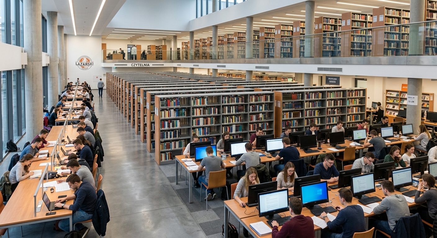 Lazarski University library interior, rows of bookshelves with over 100000 volumes, students studying at computer workstations, bright modern lighting, quiet academic atmosphere