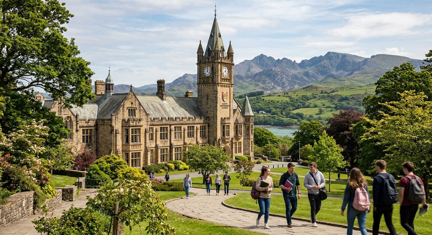Bangor University historic Main Arts building with clock tower set against the backdrop of Snowdonia mountains and lush green Welsh landscape, students walking on campus paths