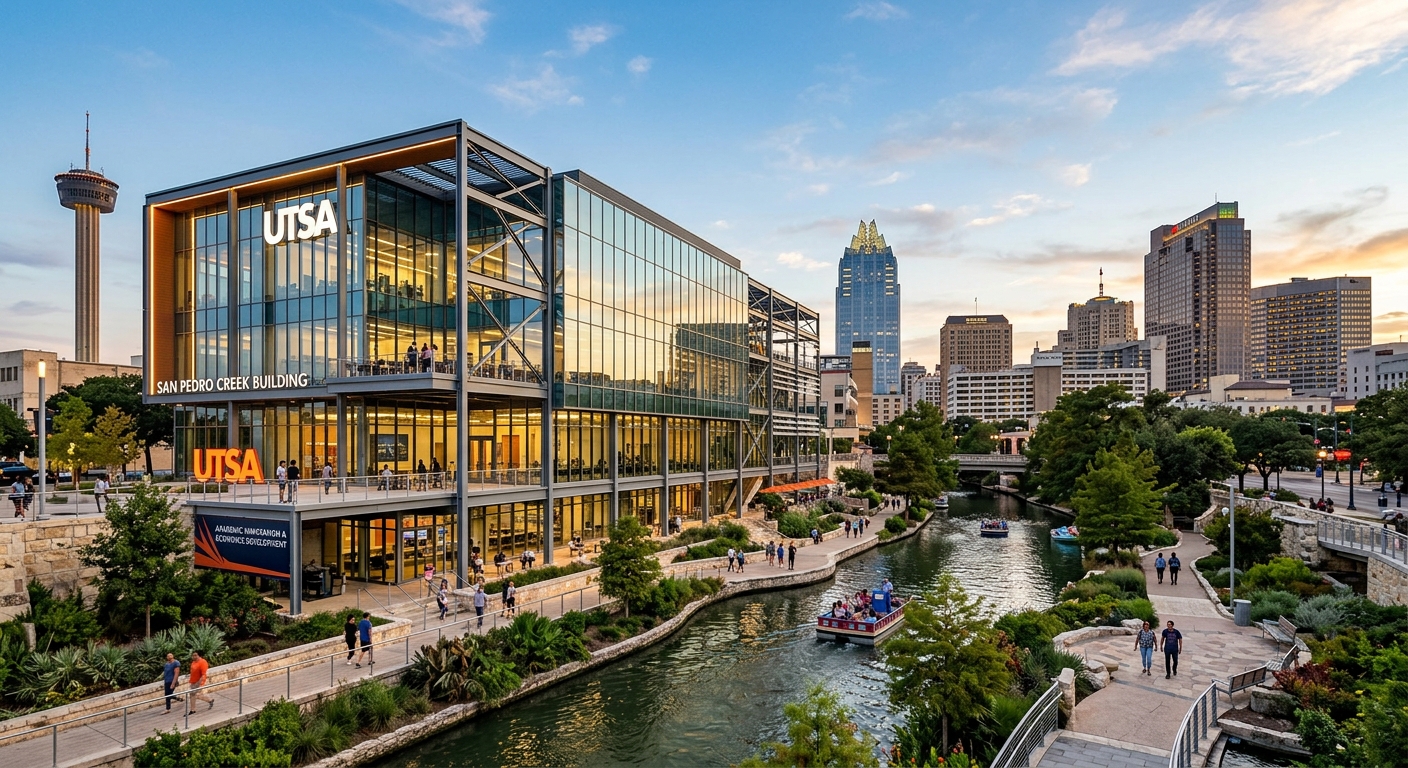 UTSA Downtown Campus San Pedro building, a sleek modern glass and steel structure near the San Antonio River Walk with urban skyline in background