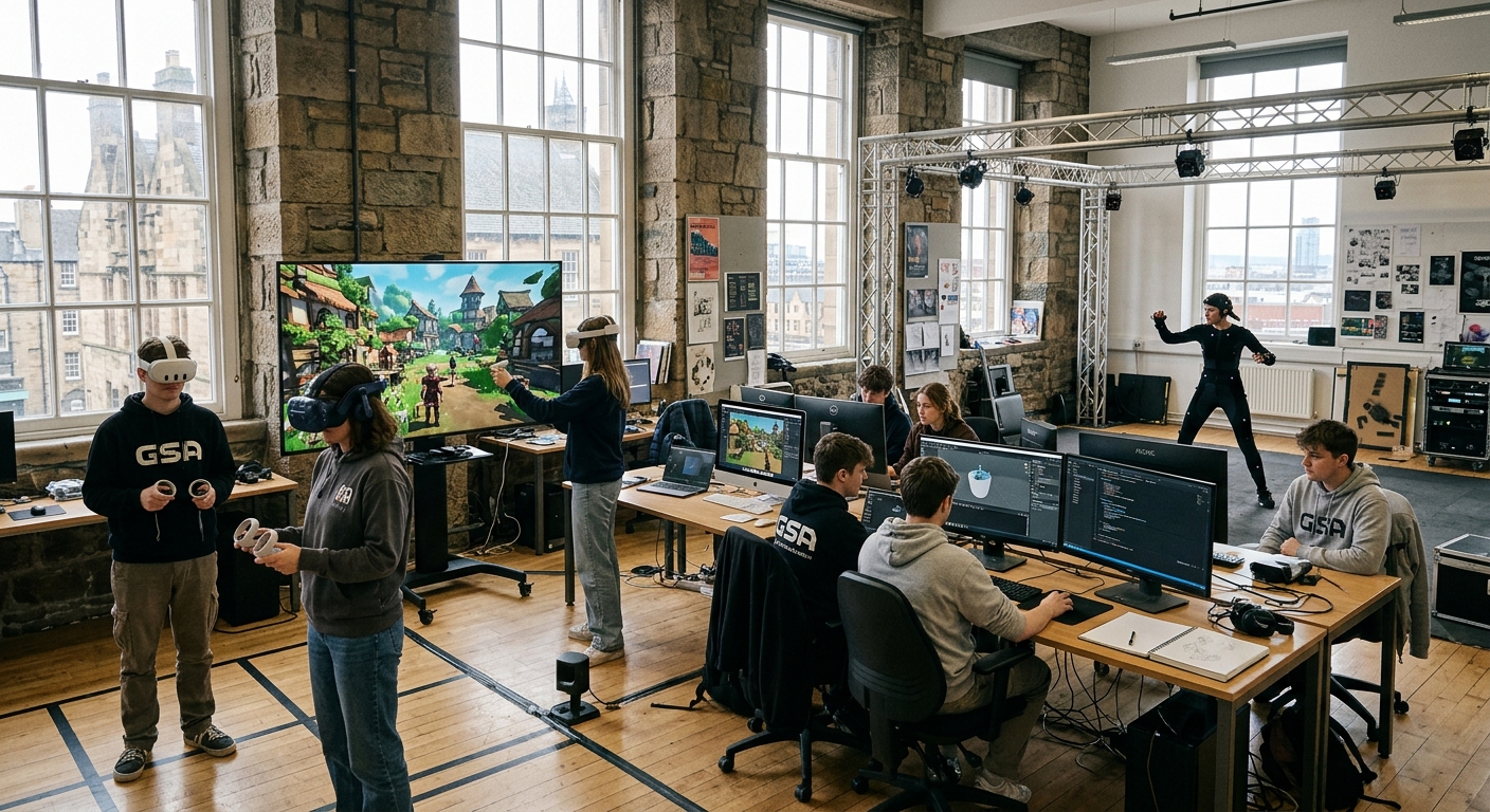 Modern digital design studio at Glasgow School of Art with students wearing VR headsets, large screens displaying 3D game environments, motion capture equipment visible, natural light from tall windows illuminating the creative workspace