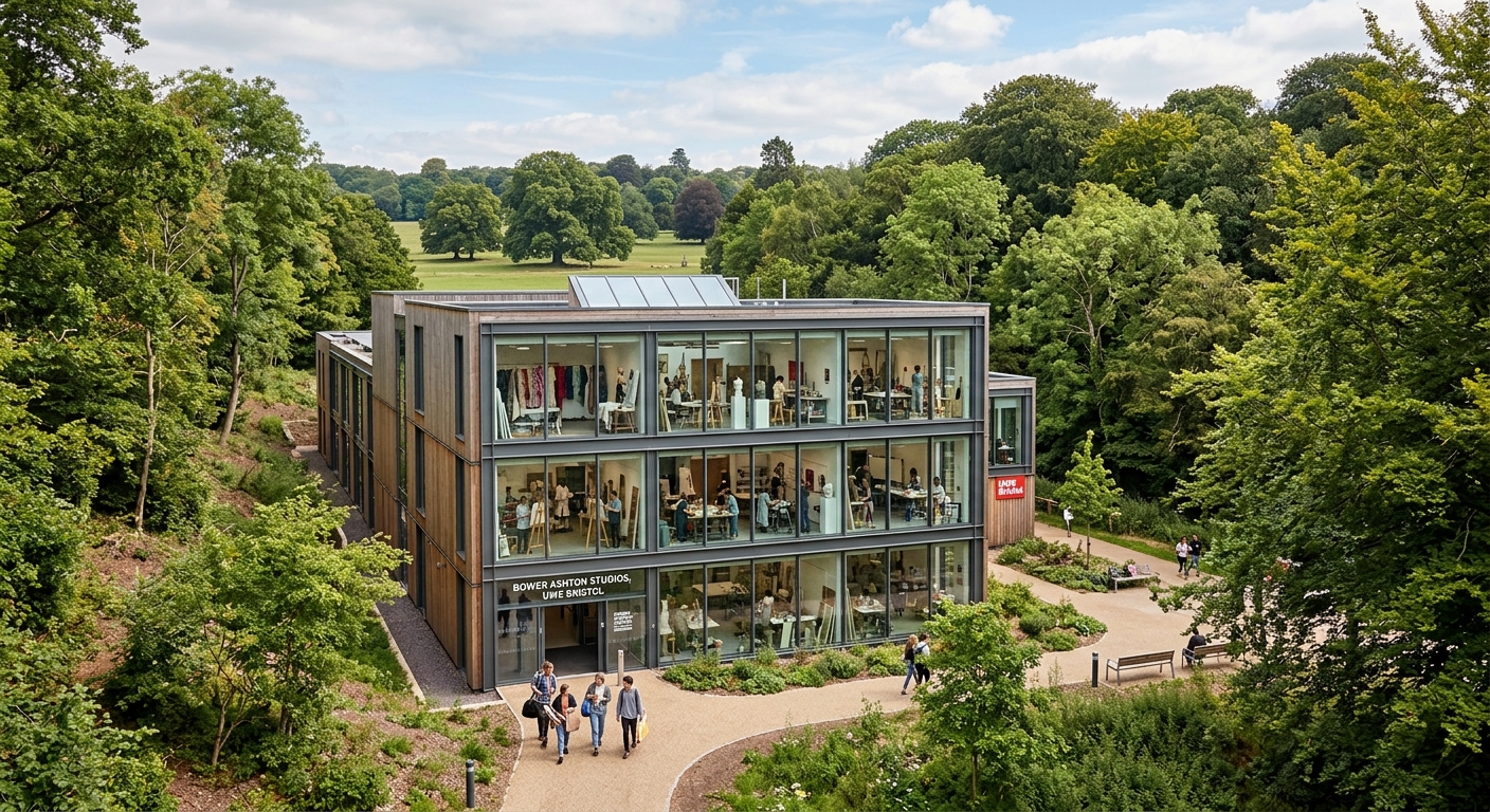 UWE Bristol City Campus Bower Ashton Studios art building surrounded by trees near Ashton Court estate, with creative studio spaces visible through large windows