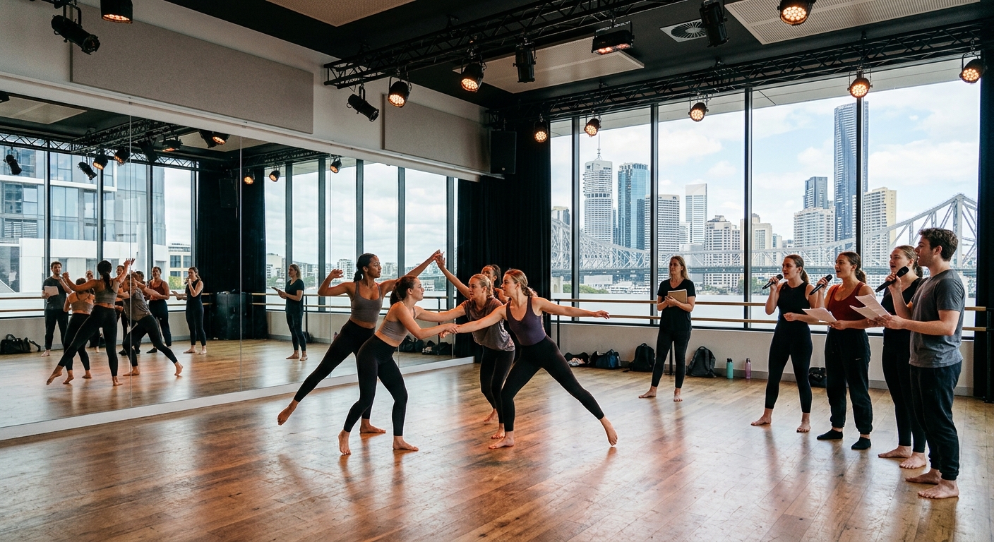 Modern performing arts dance studio in Brisbane CBD with mirrored walls, sprung wooden floor, and natural light, students rehearsing contemporary dance and vocal performance routines under professional stage lighting