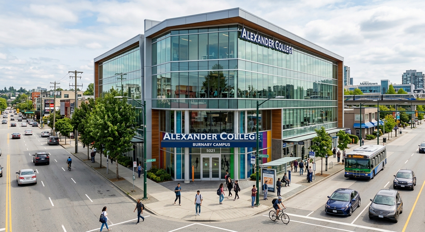 Alexander College Burnaby campus modern building exterior on Kingsway street, glass windows, urban setting with pedestrians and transit nearby, daytime