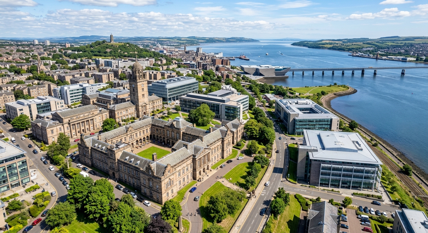 University of Dundee campus aerial view with historic stone buildings, modern facilities, and the River Tay in the background, Scotland, United Kingdom